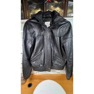 Women’s Black Genuine Leather Hooded Bomber‎ Jacket Size S Cropped Y2K Chic